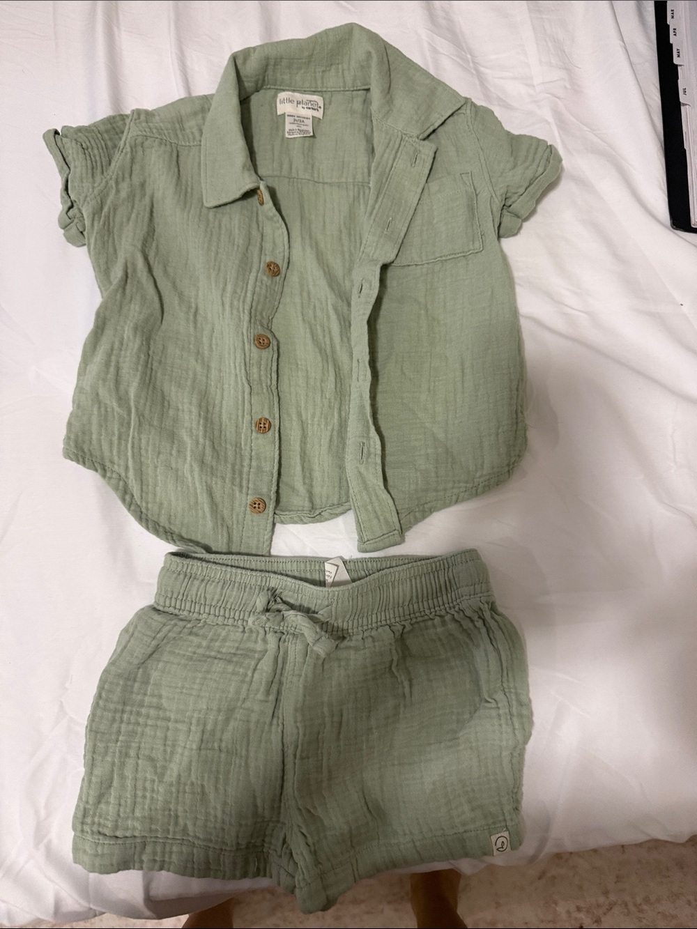 Light Sage Green Kids Matching Set – Short Sleeve Button Top & Shorts